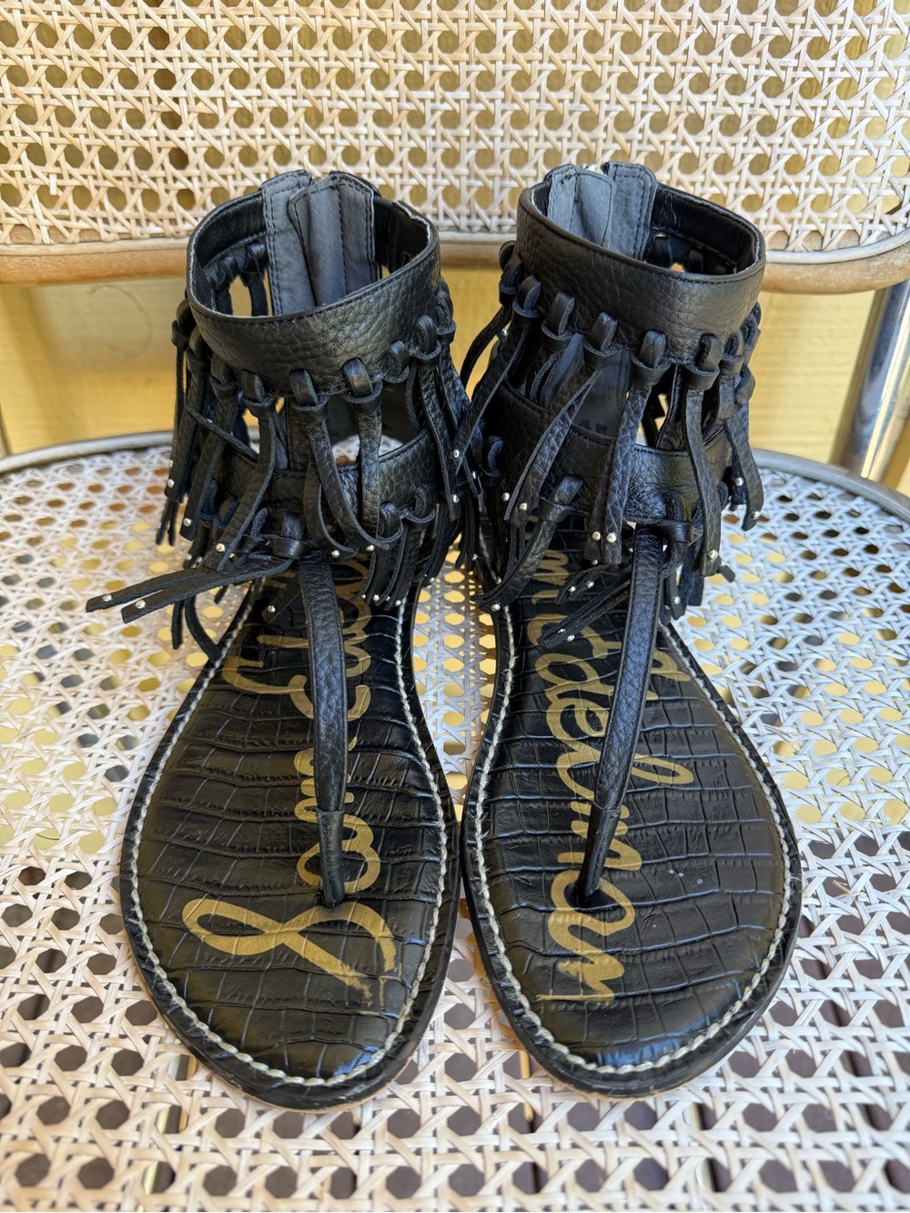 Sam Edelman Griffen Black Leather Fringe Gladiator Sandals Women’s size 9.5